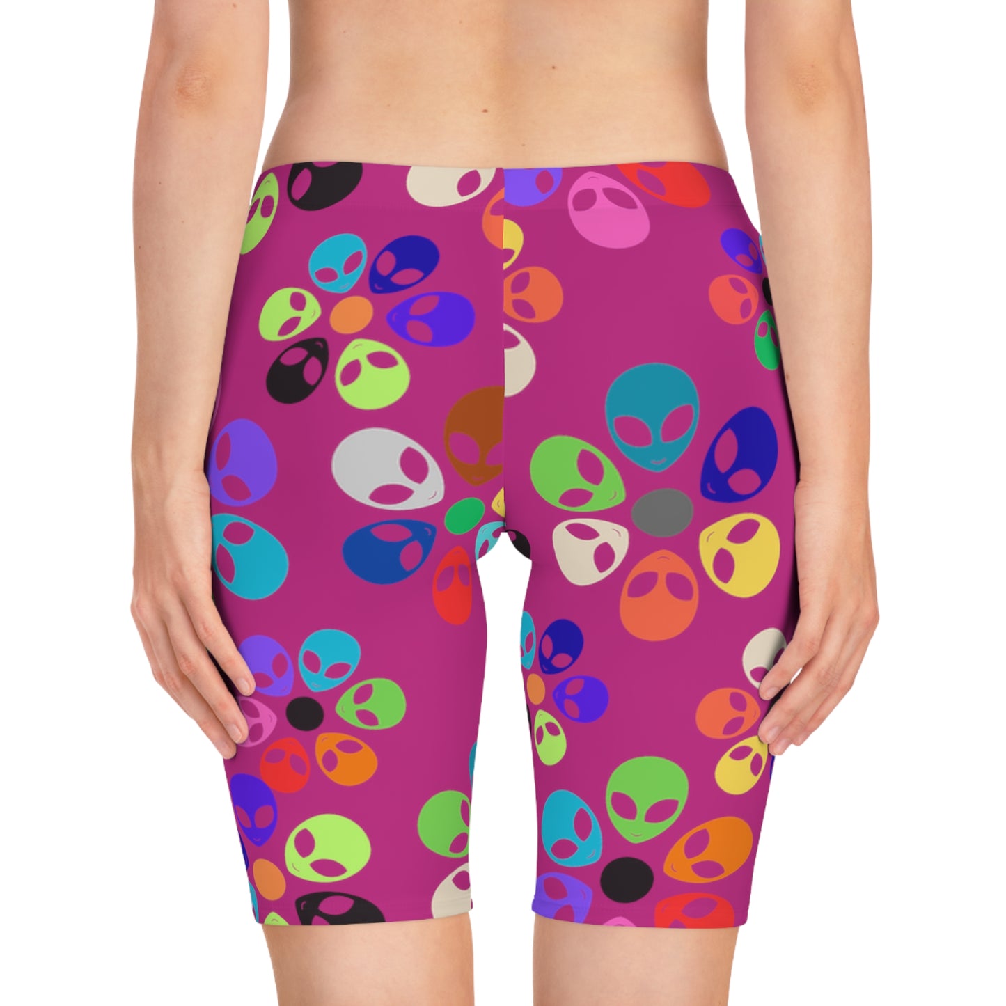 Colorful Alien Flower Womens Bike Shorts | Fun Activewear Summer Exercise Festival Outfit Yoga Fitness Gear Alien Rainbow Flowers Pink
