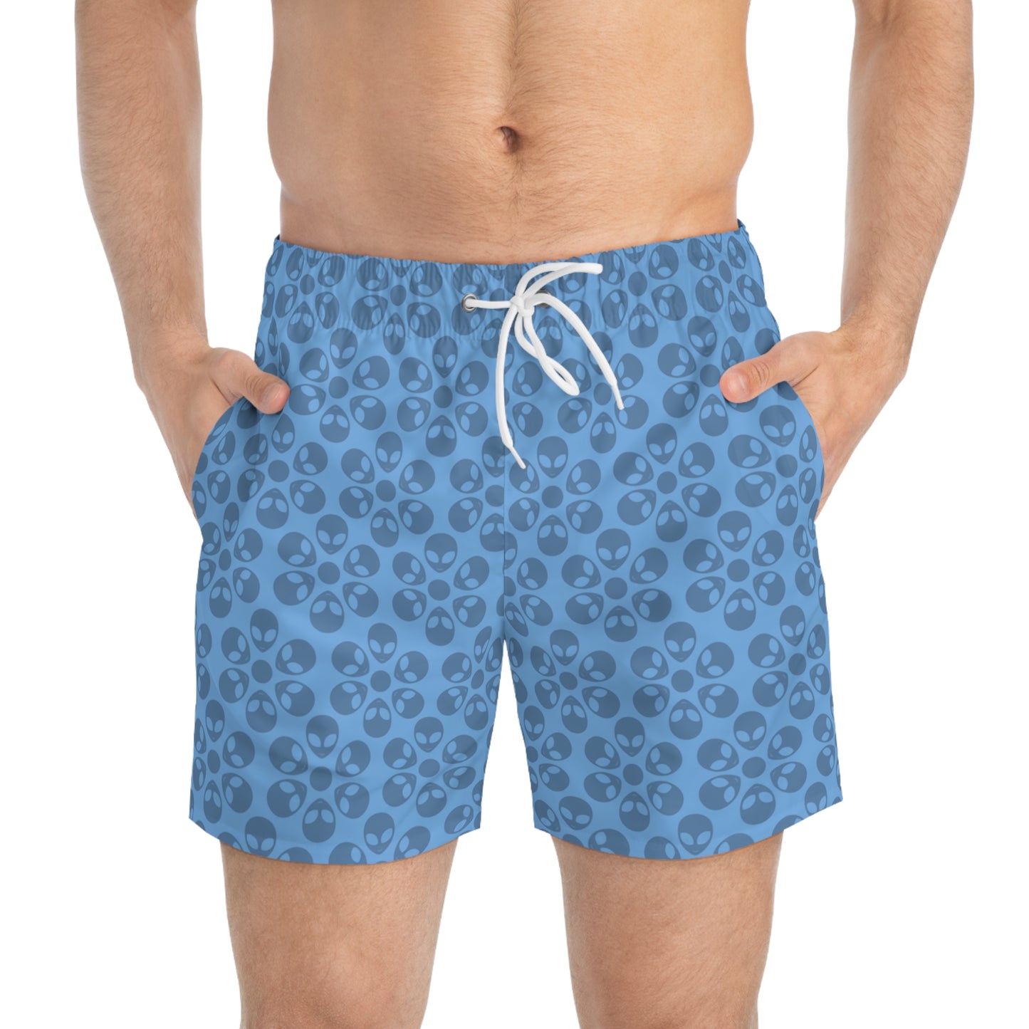 Stylish AOP Swim Trunks for Beach Days Summer Fun Pool Parties Vacation Wear Gift for Him Alien Flowers Light Blue