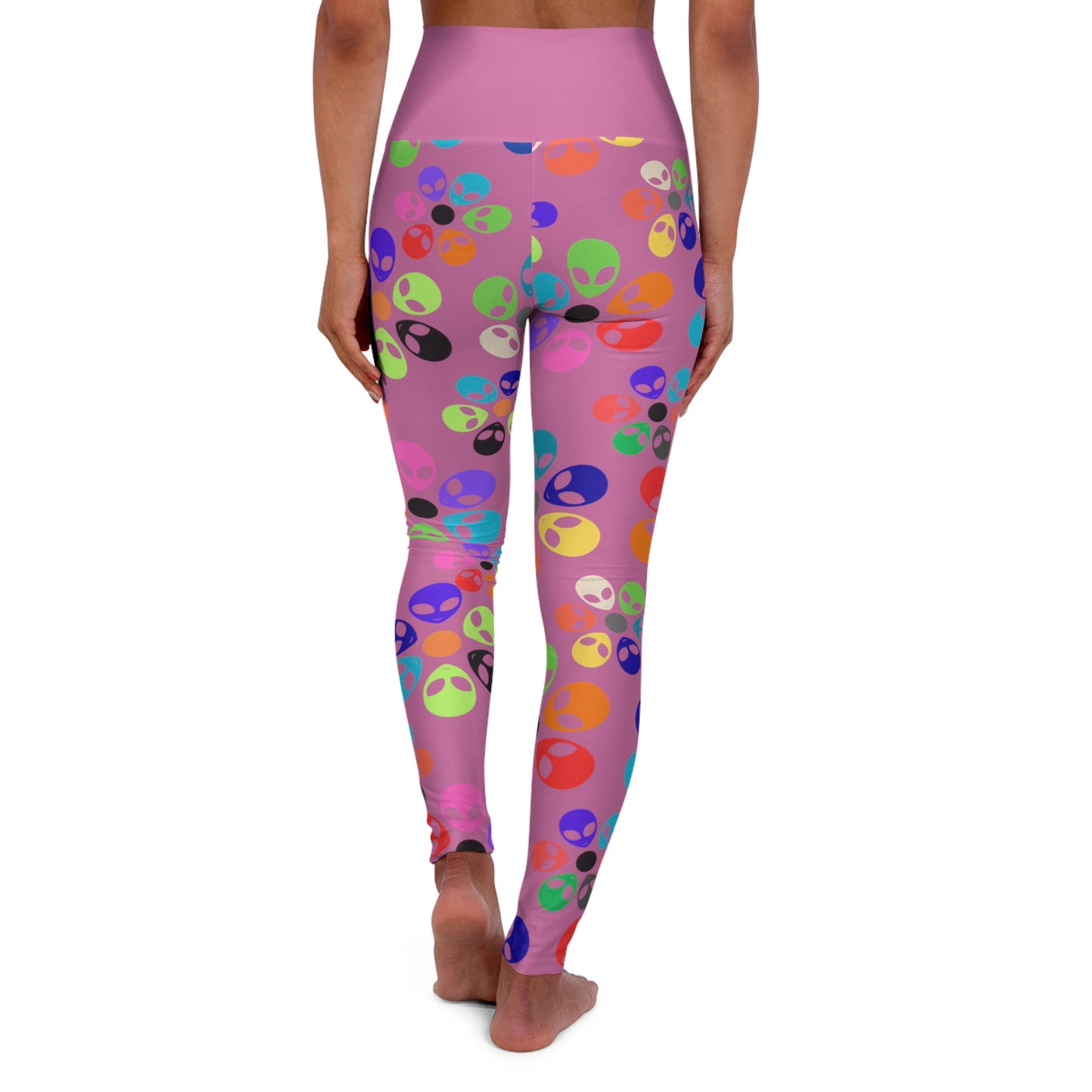 Colorful Alien Print High Waisted Yoga Leggings | Unique Workout Leggings Fitness Apparel Activewear Gifts for Yogis Alien Rainbow Flowers Light Pink