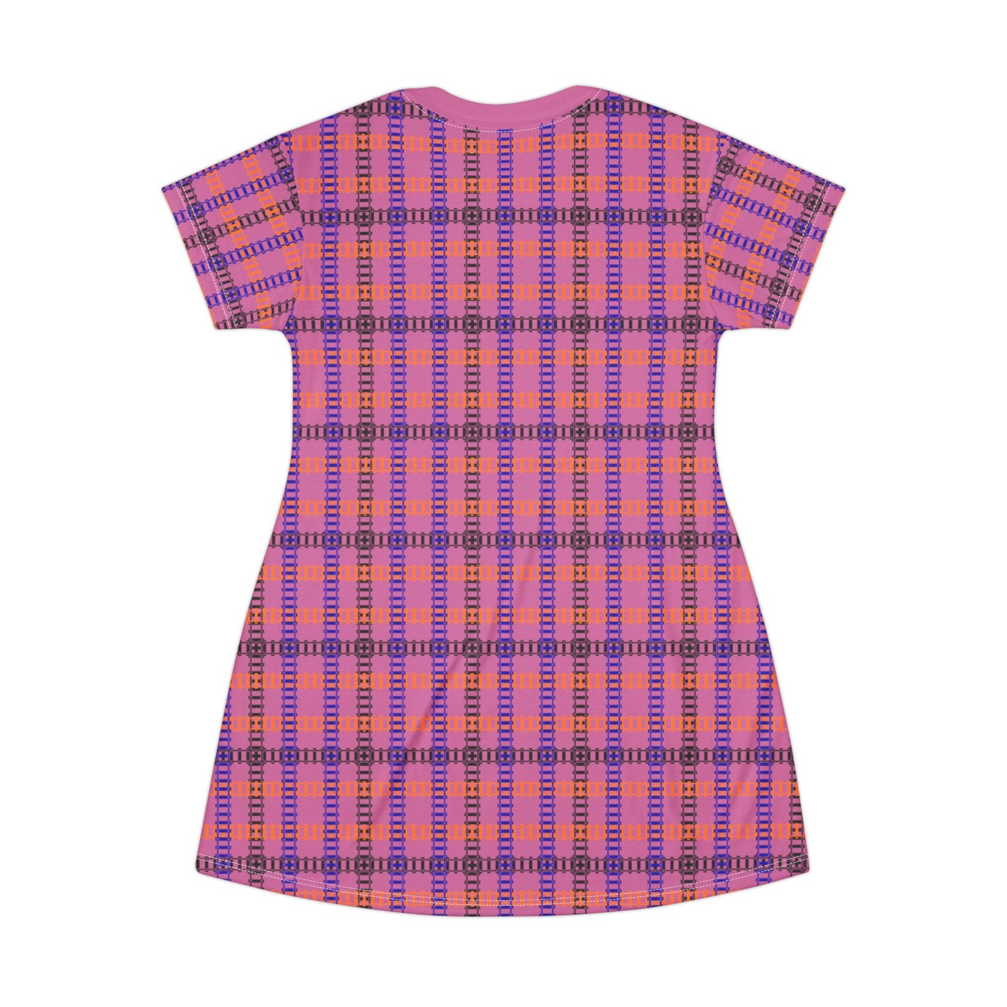 Vibrant Checkered TShirt Dress Casual Summer Dress Boho Fashion Everyday Wear Relaxed Fit Dress Colorful Outfit Train Tracks Light Pink