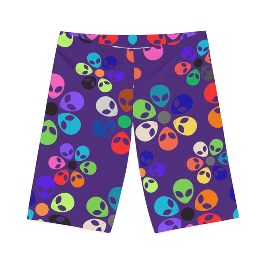 Colorful Alien Flower Womens Bike Shorts | Fun Activewear Summer Exercise Festival Outfit Yoga Fitness Gear Alien Rainbow Flowers Purple