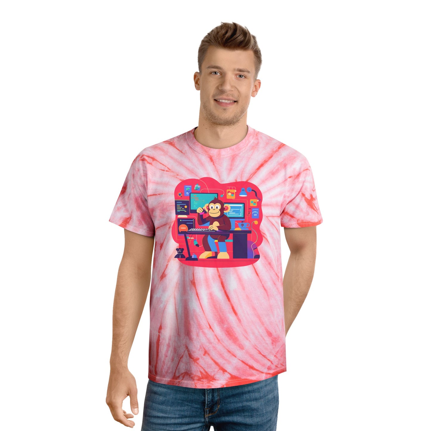 Cheerful Tie-Dye Tee, Cyclone Monkey Graphic, Casual Summer Shirt, Fun Gift for Gamers, Bright Festival Wear, Artistic Streetwear