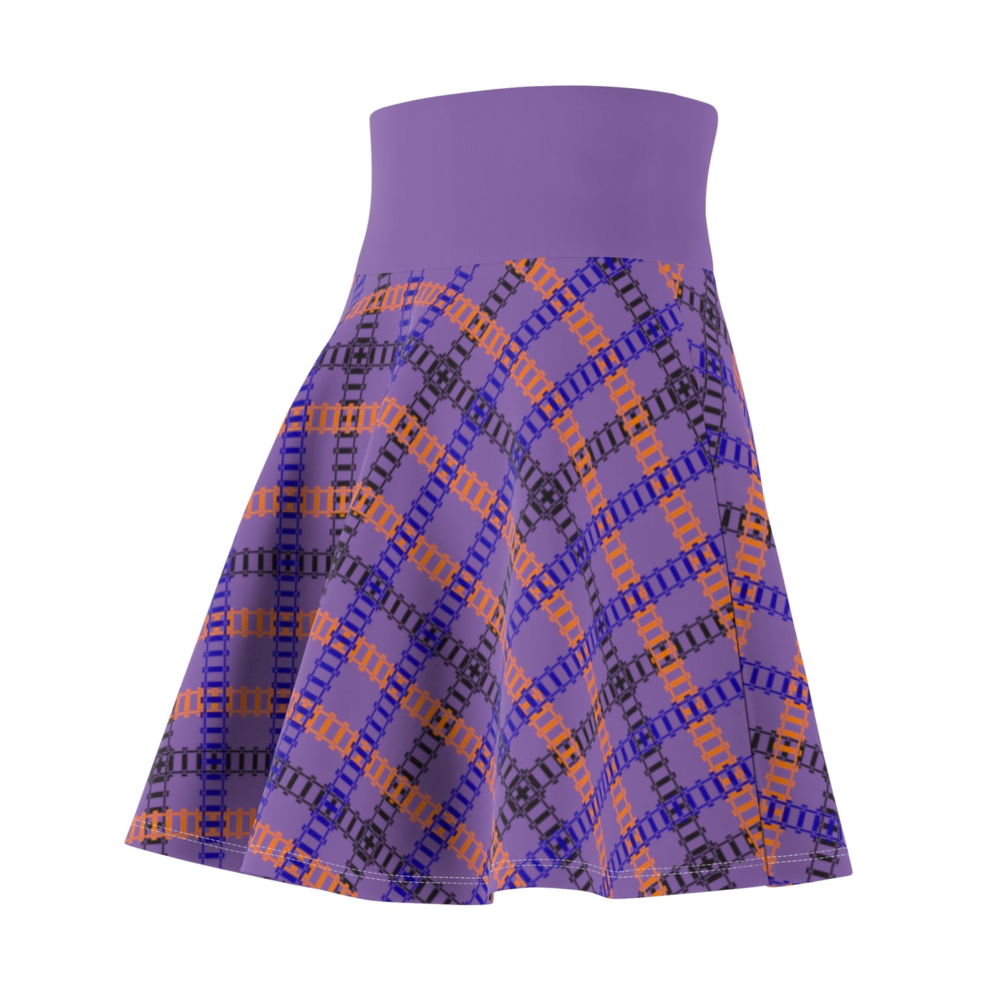 Stylish Womens Plaid Skater Skirt Trendy AOP Skirt Casual Everyday Wear Festive Outfit Summer Fashion 90s Vintage Inspired Train Tracks Light Purple