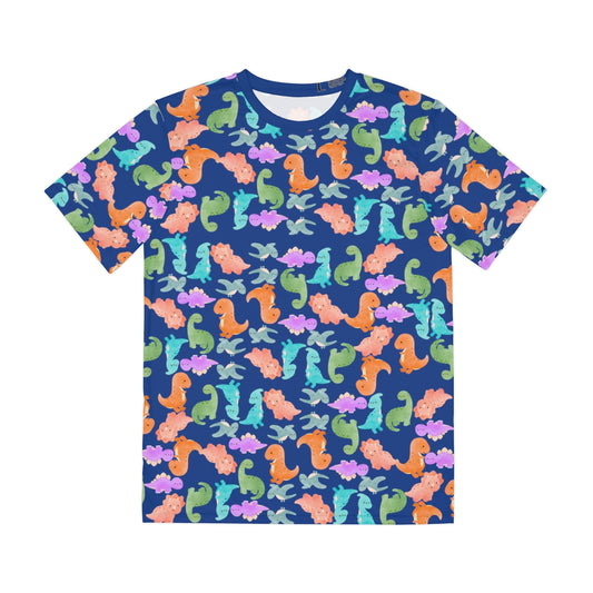 Colorful Dino Tee  Fun Playful Shirt for Ocean Lovers Casual Wear Summer Outfits Beach Activities Gifts for Him Rainbow Dinos Dark Blue