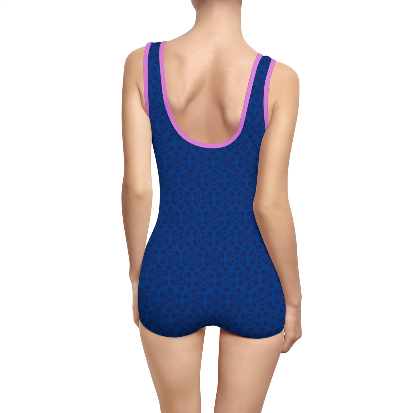 Womens Vintage Swimsuit  Alien Flowers Dark Blue