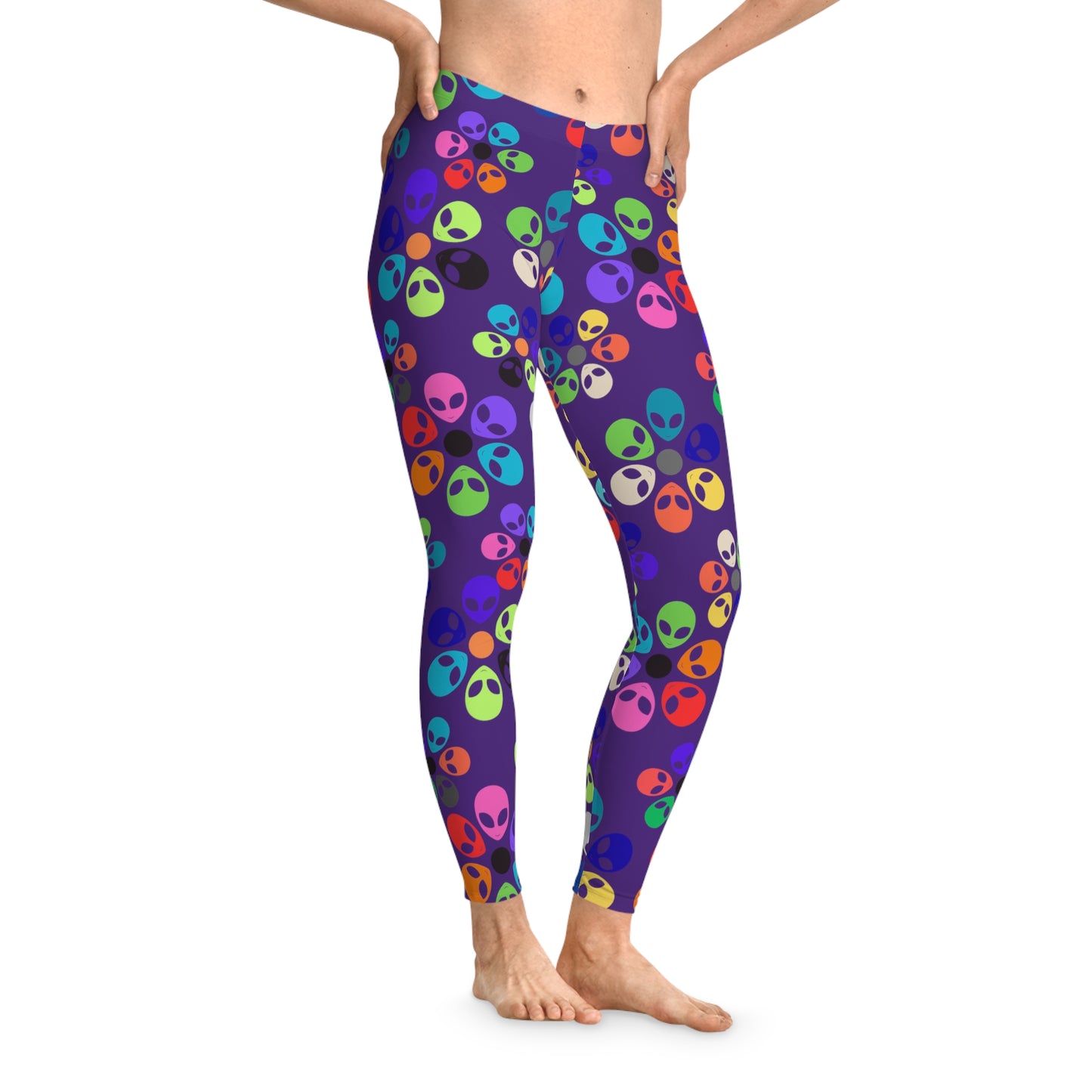 Colorful Alien Print Leggings Funky Fitness Tights Stretchy Activewear Fun Gym Leggings Quirky Casual Pants Gift for Alien Enthusiasts Alien Rainbow Flowers Purple