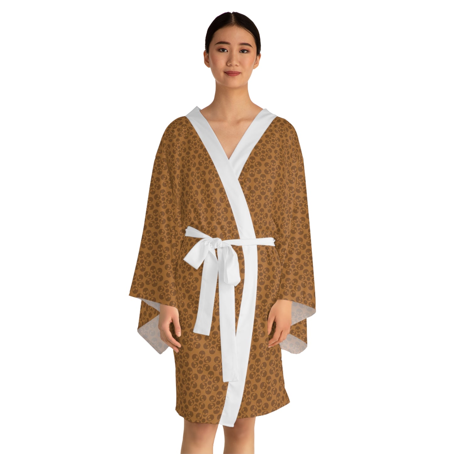 Chic Floral Long Sleeve Kimono Robe Bohemian Loungewear Relaxation Gift Spa Day Essential Cozy Home Attire Trendy Style Alien Flowers Light Brown