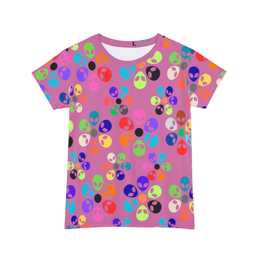Colorful Alien Print Womens Tee Fun Graphic Shirt for Casual Wear Unique Gift for Alien Lovers Perfect for Festivals and Everyday Style Alien Rainbow Flowers Light Pink