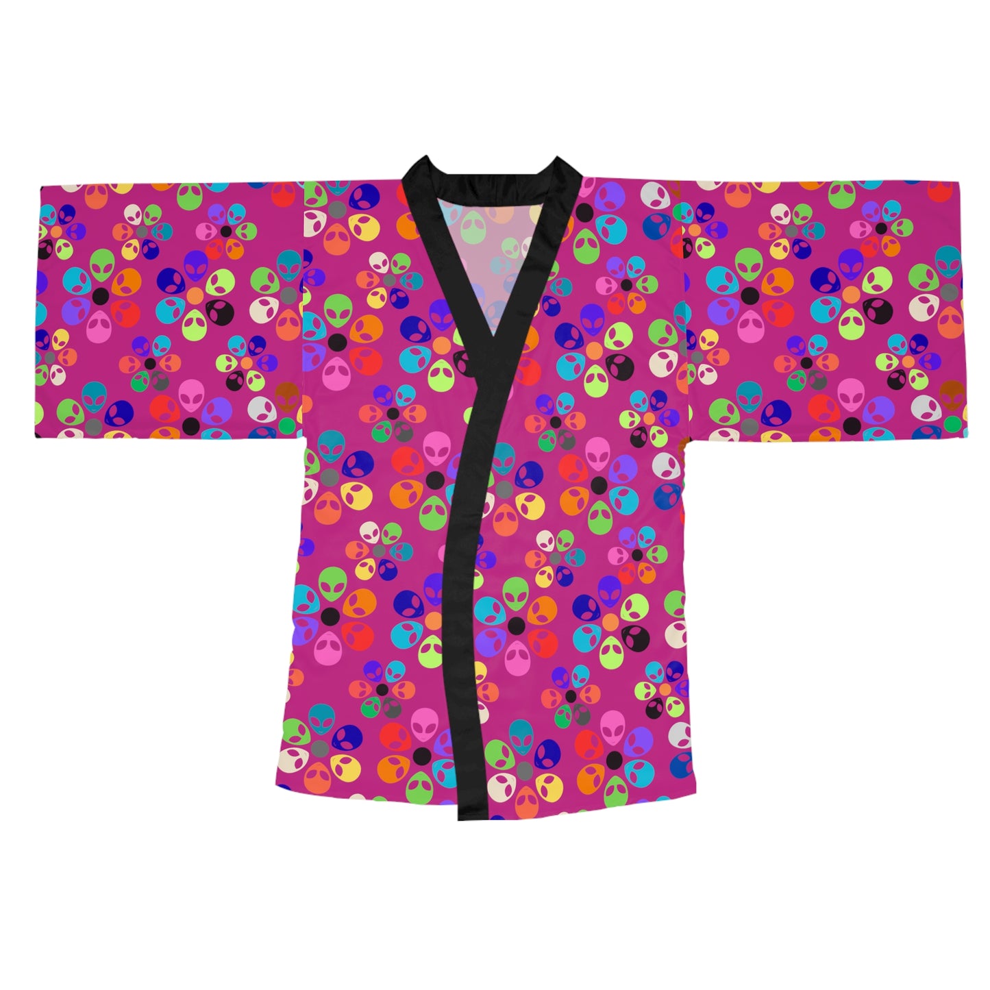 Colorful Floral Long Sleeve Kimono Robe Boho Fashion Relaxed Loungewear Perfect for Home Spa Days or Festivals Alien Rainbow Flowers Pink