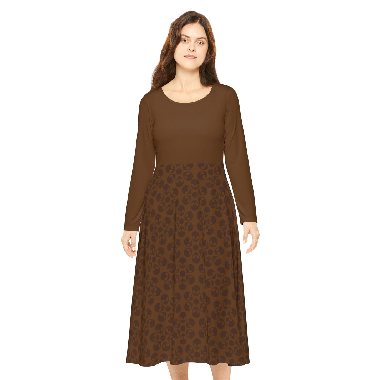 Womens Long Sleeve Dance Dress Alien Flowers Brown