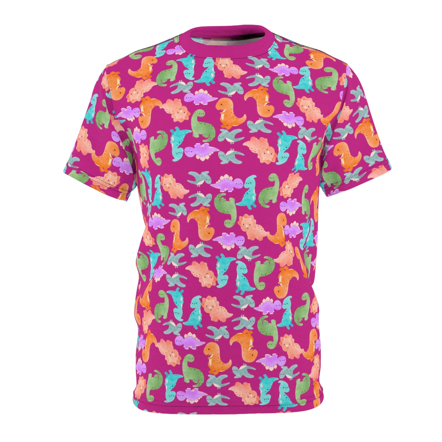 Vibrant Dino Pattern Tee for Ocean Lovers Perfect for Summer Casual Wear Gift for Beach Lovers Tropical Vibe Clothing Rainbow Dinos Pink