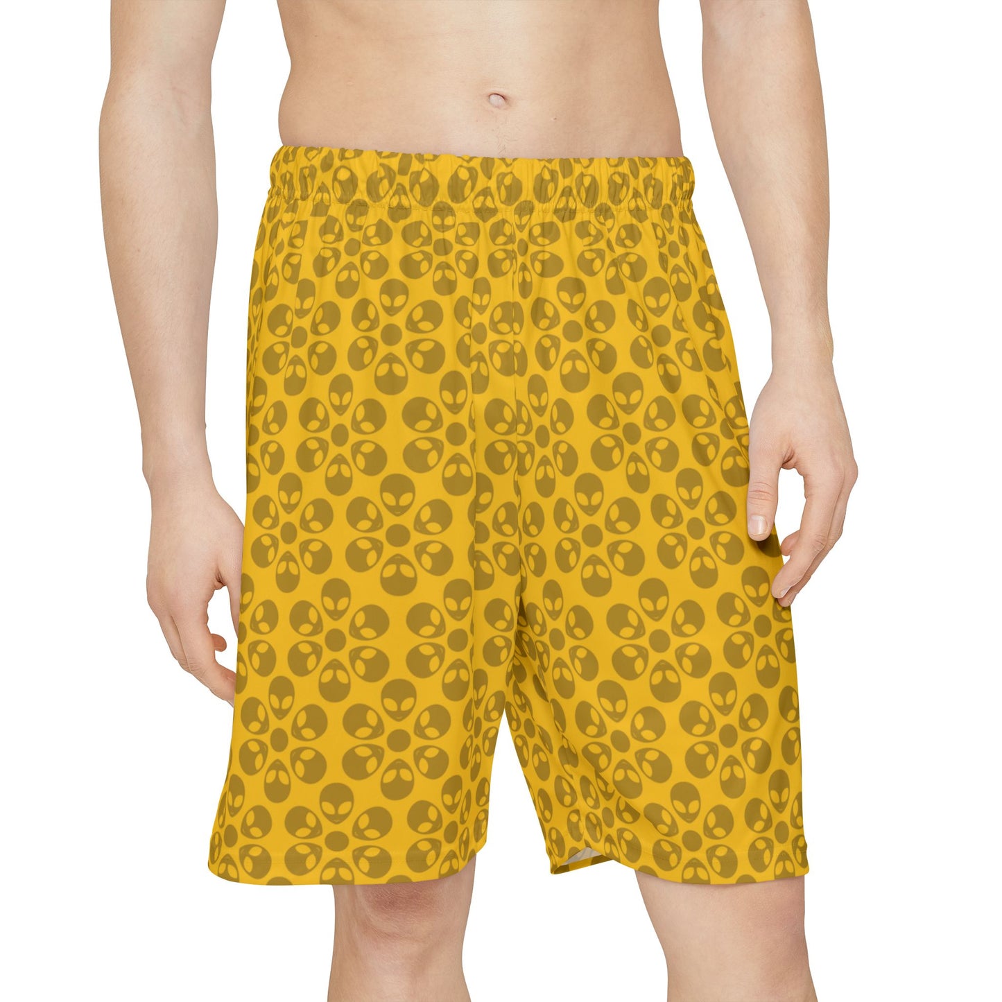 Men’s Skull Pattern Sports Shorts Casual Athletic Wear Summer Beach Shorts Workout Gear Fitness Shorts Gift for Athletes Alien Flowers Yellow