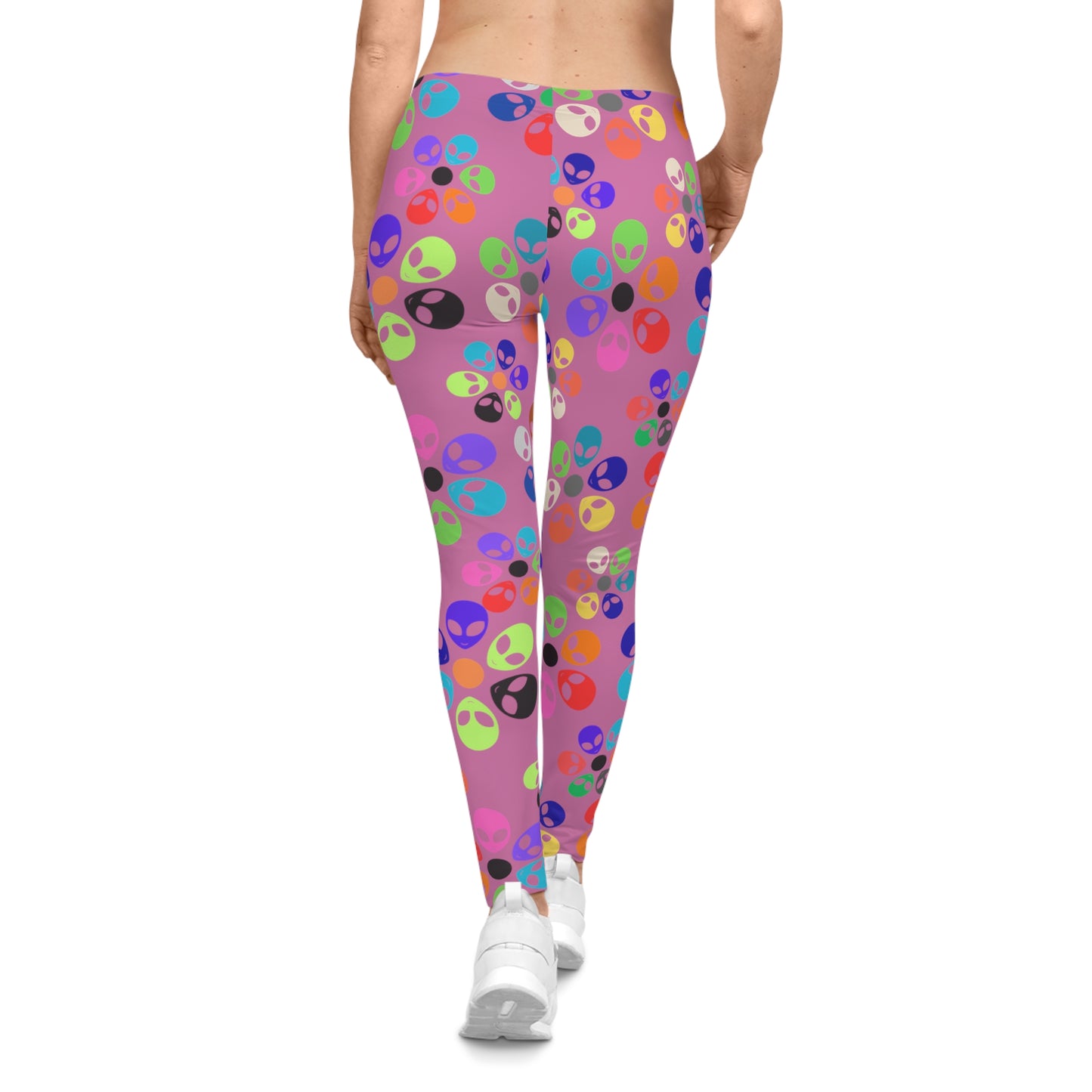 Fun Alien Print Womens Leggings Funky Workout Leggings Colorful Casual Pants Cute Yoga Bottoms Gift for Her Alien Rainbow Flowers Light Pink
