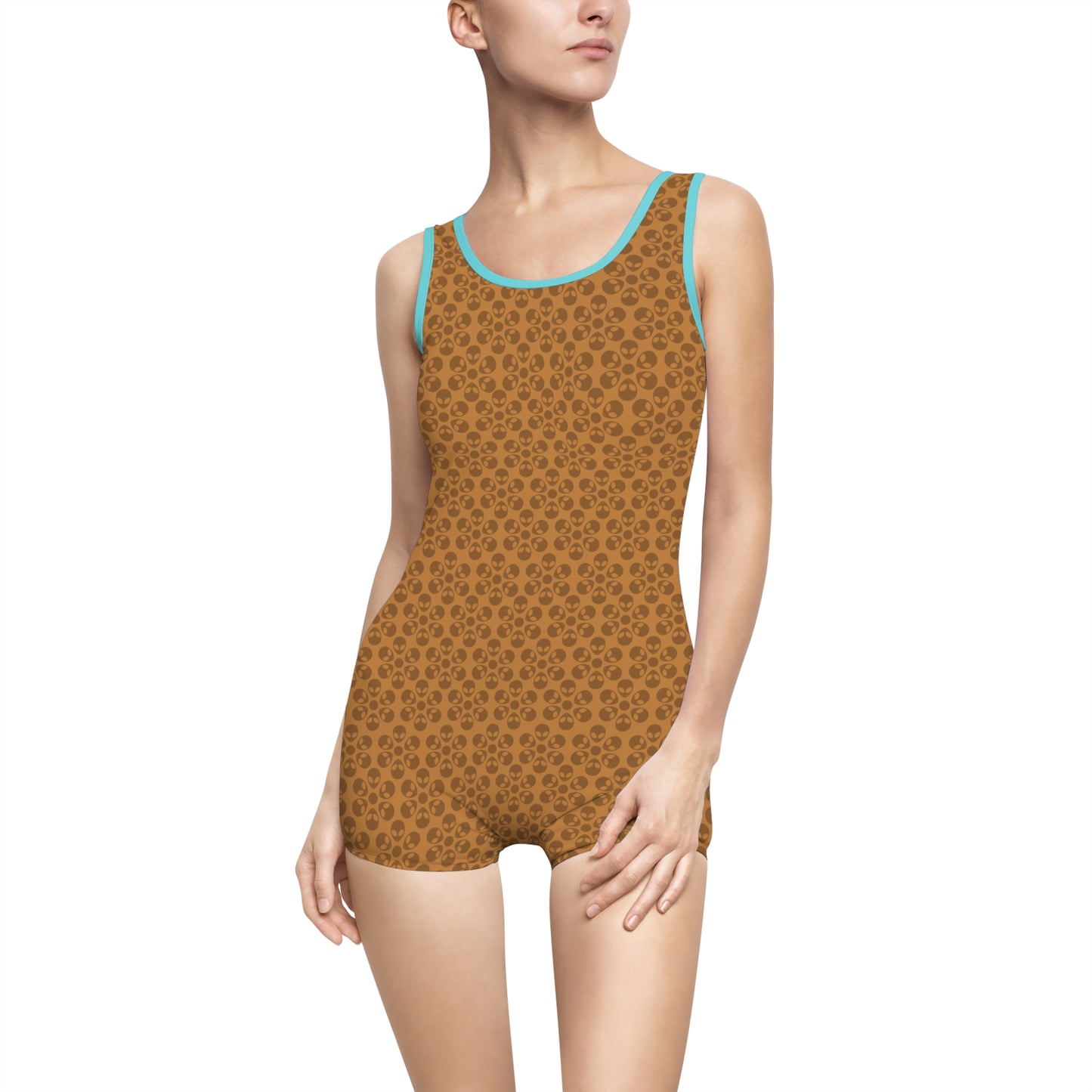 Womens Vintage Swimsuit  Alien Flowers Light Brown