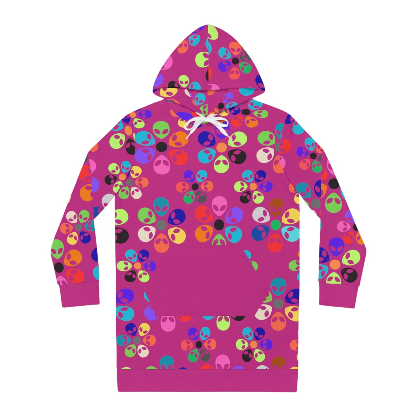Colorful Alien Floral Womens Hoodie Dress Trendy Casualwear Halloween Fashion Unique Gift for Her Fun Everyday Style Alien Rainbow Flowers Pink