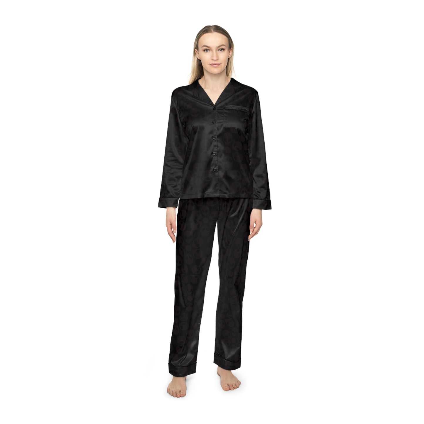 Womens Satin Pajamas  Alien Flowers Black