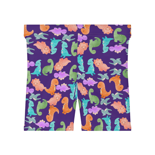 Colorful Dinosaur Womens Biker Shorts  AOP Perfect for Casual Wear workout Summer Birthdays Playdates Unique Gift Rainbow Dinos Purple