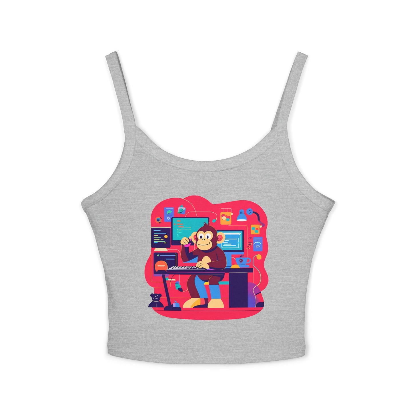 Playful Monkey Graphic Spaghetti Strap Tank Top - Fun Casual Wear, Summer Beach, Gift for Animal Lovers, Cute Pajama Top, Creative [...]