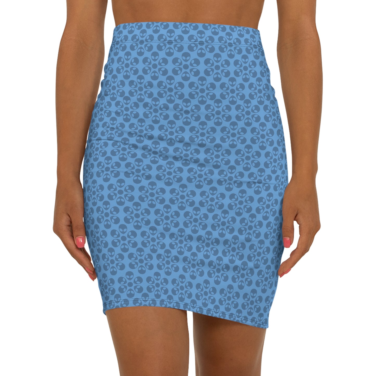 Womens MidWaist Pencil Skirt  Alien Flowers Light Blue