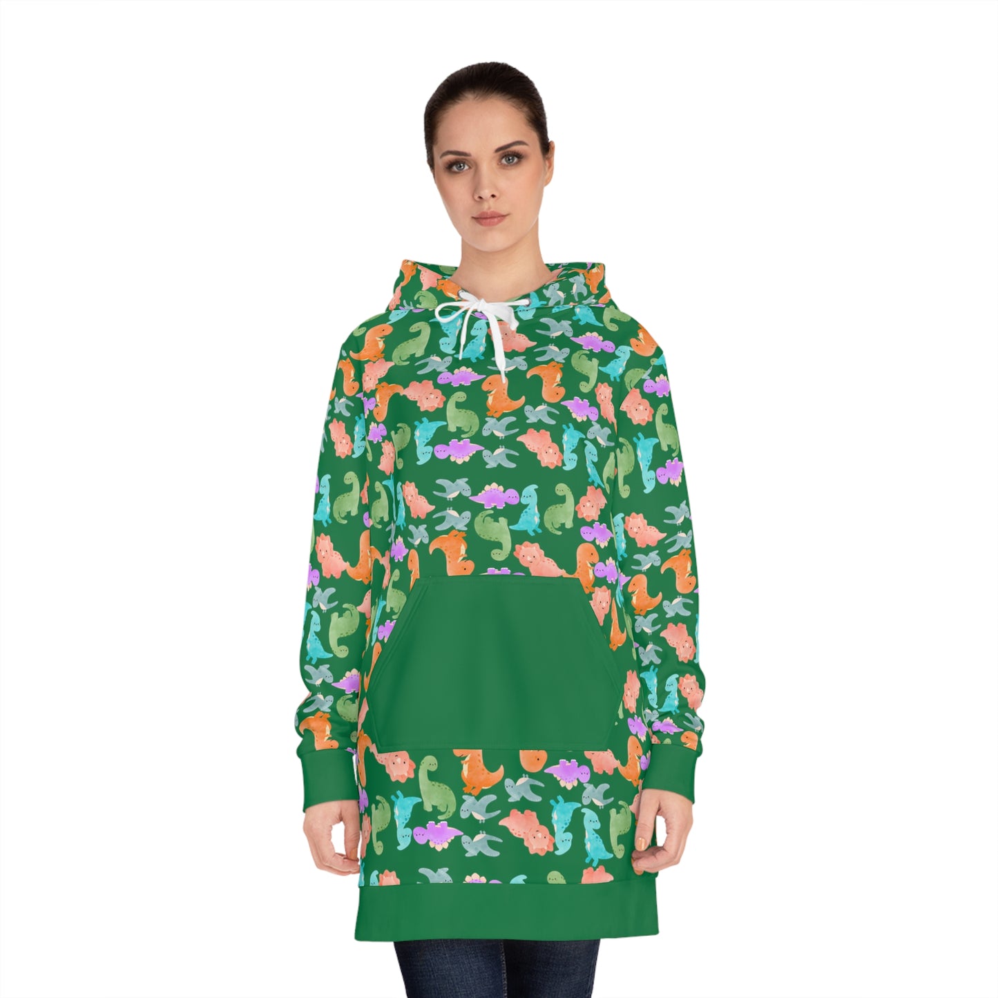 Womens Hoodie Dress Rainbow Dinos Dark Green