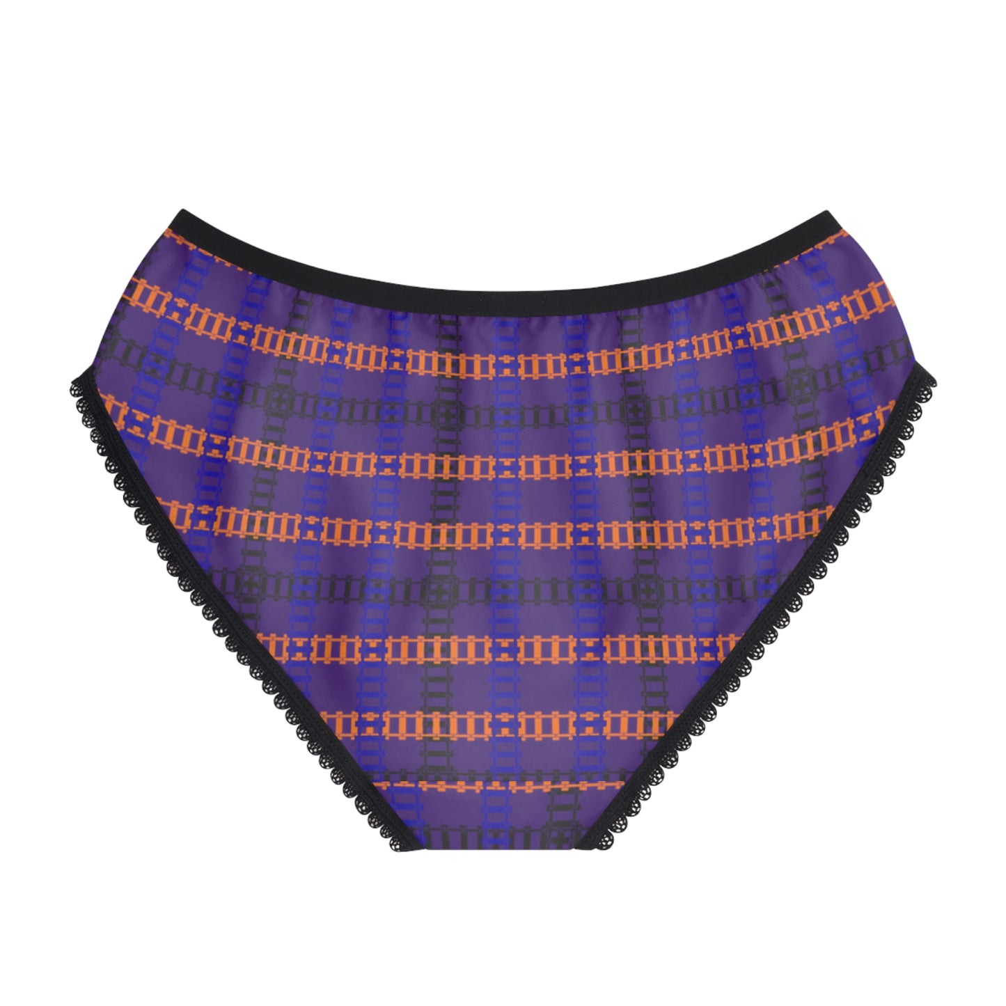 Colorful Patterned Womens Briefs with Lace Trim Comfortable Everyday Panties Unique Gifts for Her Fashionable Loungewear Fun and [...] Train Tracks Purple