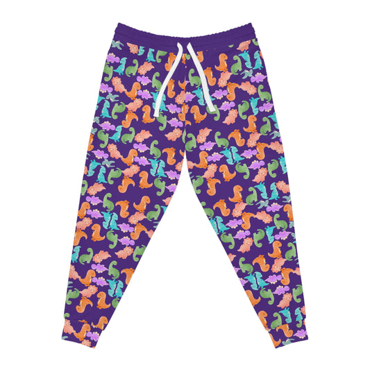 Colorful Dinosaur Print Joggers Fun and Comfortable Athletic Pants Perfect for Kids and Adults Loungewear Gift for Holidays Rainbow Dinos Purple