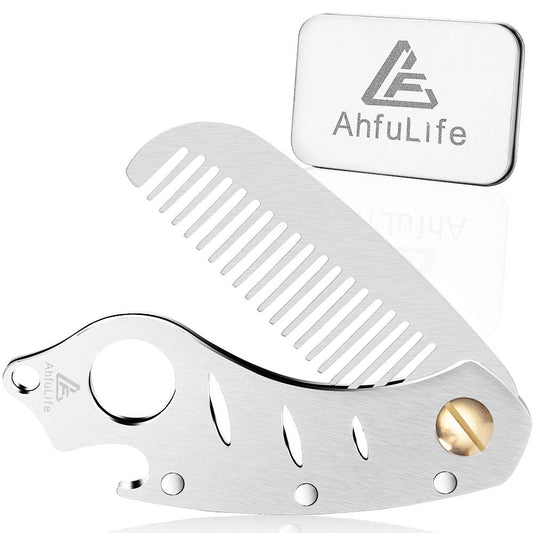 AhfuLife Metal Folding Beard Comb for Men, Moustache Pocket Foldable With Bottle Opener, Fits in Keychain, Stainless Steel Hair Mustache Care - Presented in Gift Box (Silver)