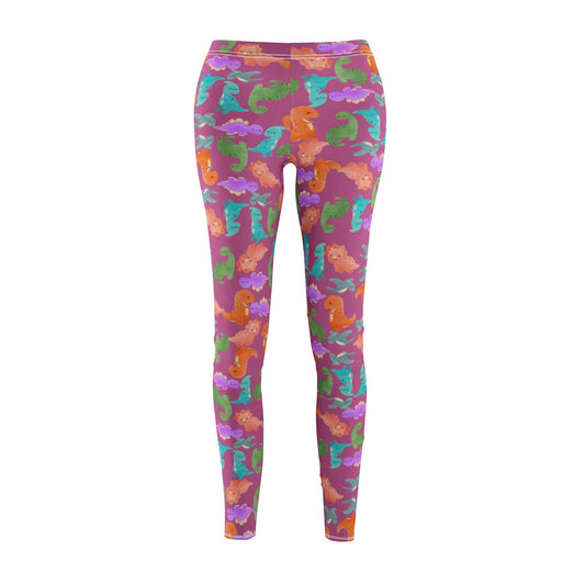 Womens Midrise Casual Leggings Rainbow Dinos Light Pink