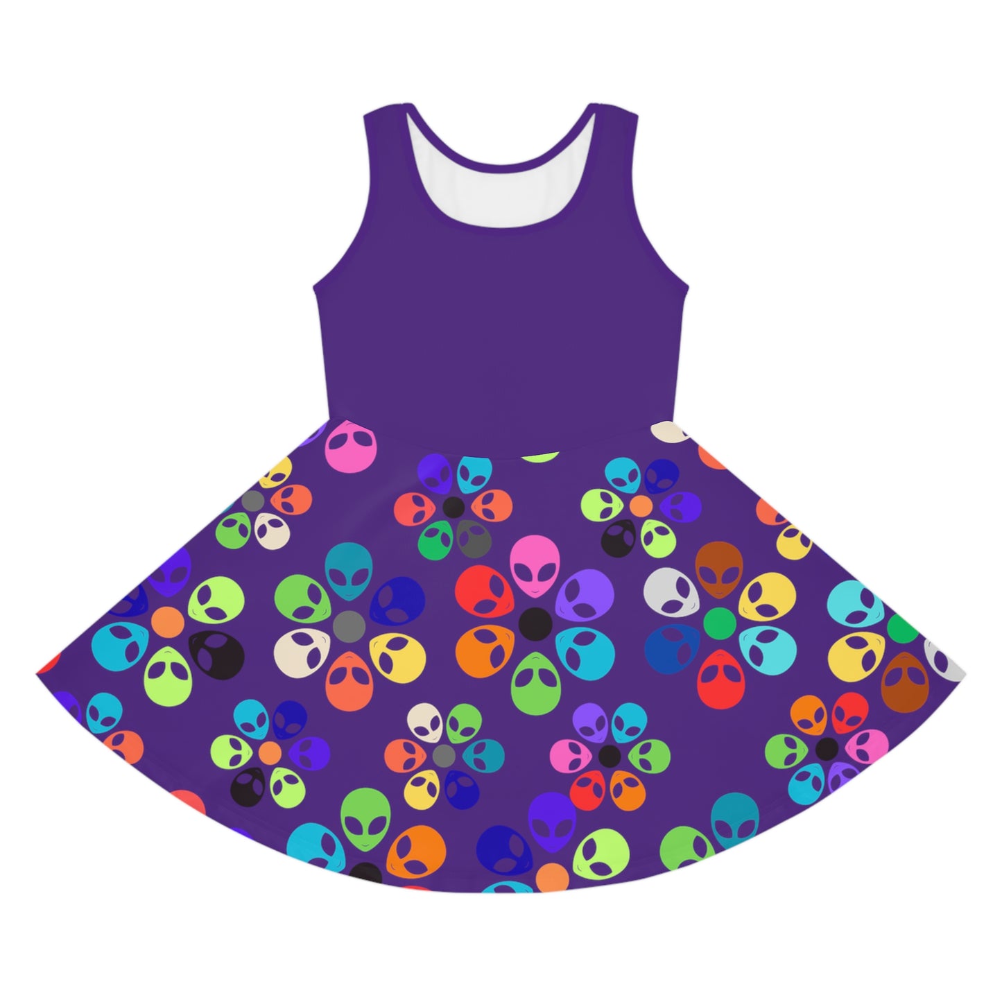 Colorful Alien Print Girls Sundress Summer Dress Kids Fashion Birthday Outfit Playful Dress Unique Gifts for Girls Alien Rainbow Flowers Purple