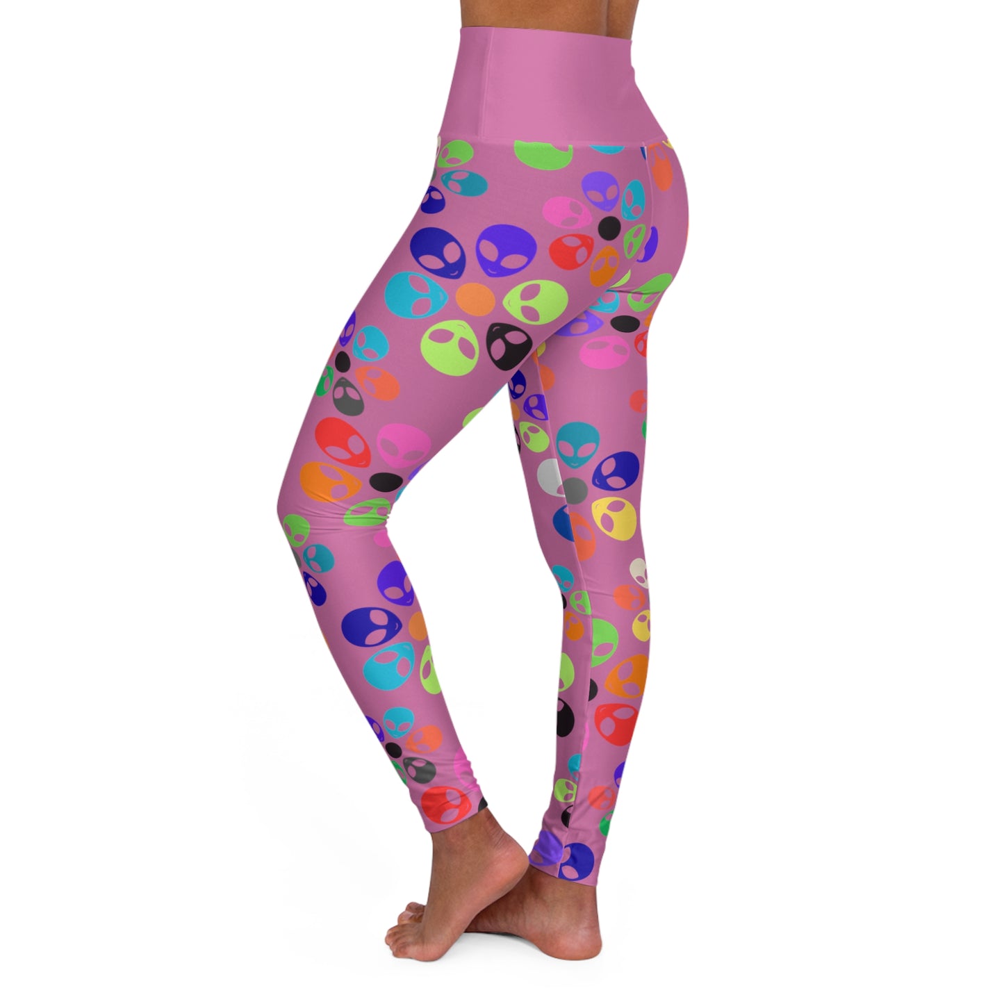Colorful Alien Print High Waisted Yoga Leggings | Unique Workout Leggings Fitness Apparel Activewear Gifts for Yogis Alien Rainbow Flowers Light Pink