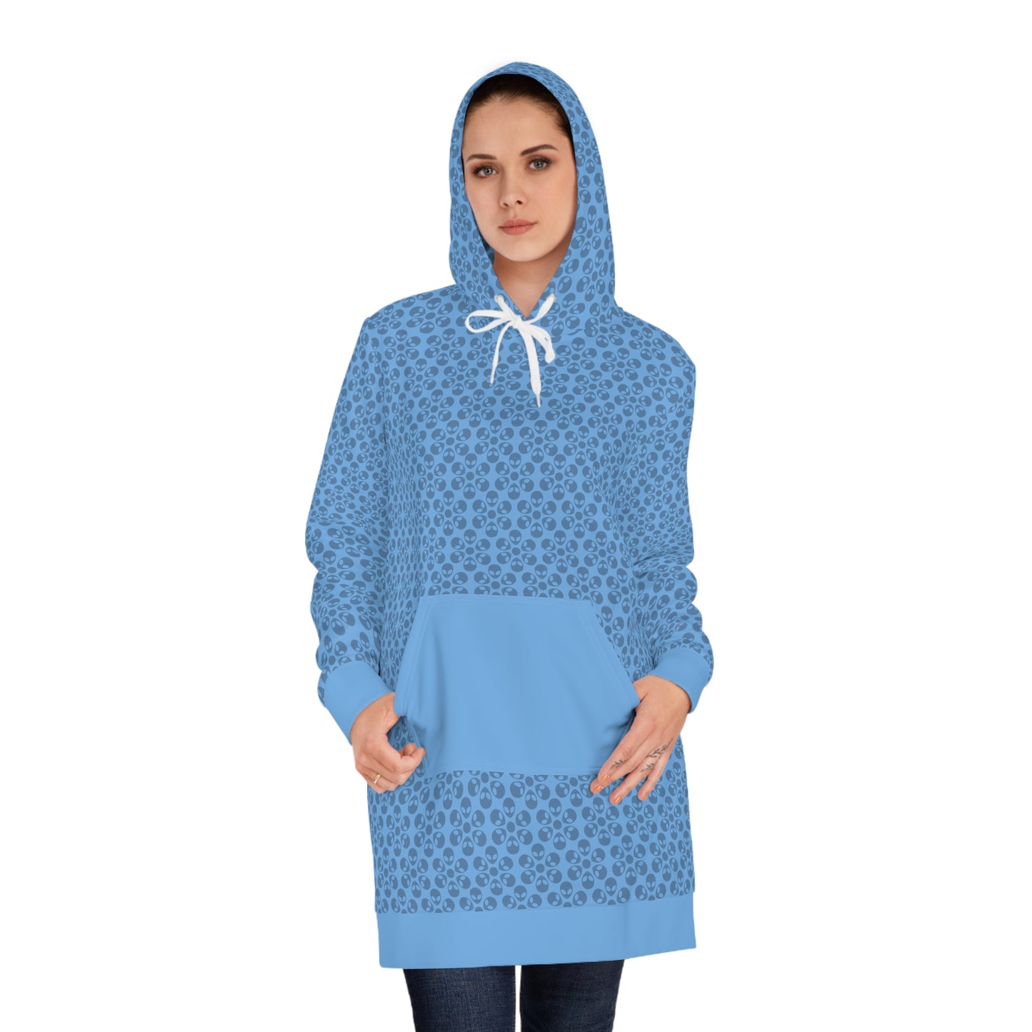 Womens Hoodie Dress  Alien Flowers Light Blue