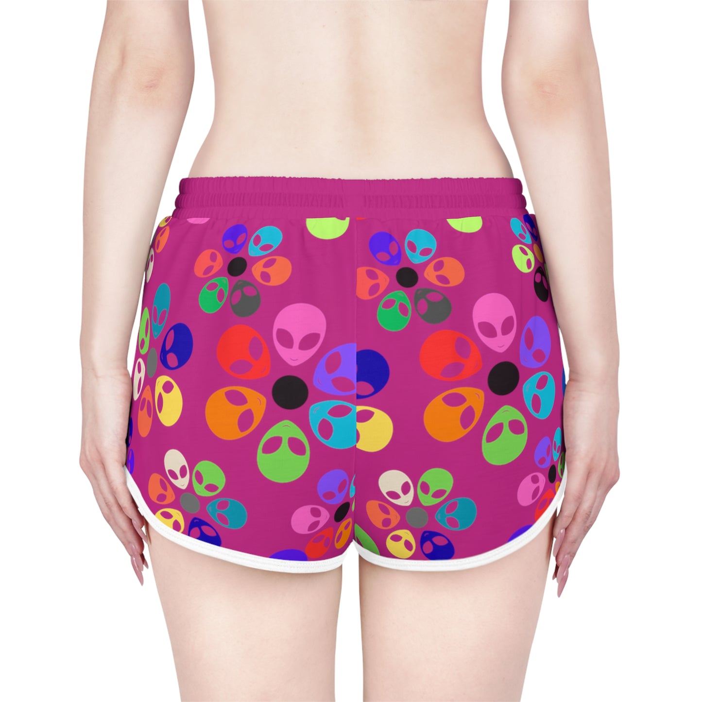 Colorful Alien Flower Print Womens Relaxed Shorts Summer Loungewear Beachwear Festival Outfit Casual Comfort Alien Rainbow Flowers Pink