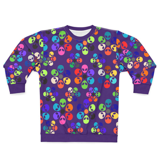 Colorful Alien Graphic Unisex Sweatshirt Fun and Quirky Sweater for Casual Wear Gift for SciFi Lovers Unisex Fashion Trendy Streetwear Alien Rainbow Flowers Purple