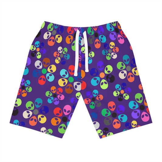 Colorful Alien Print Athletic Shorts Summer Workout Casual Beachwear Gift for SciFi Lovers Fun Outdoor Sports Gear Alien Rainbow Flowers Purple