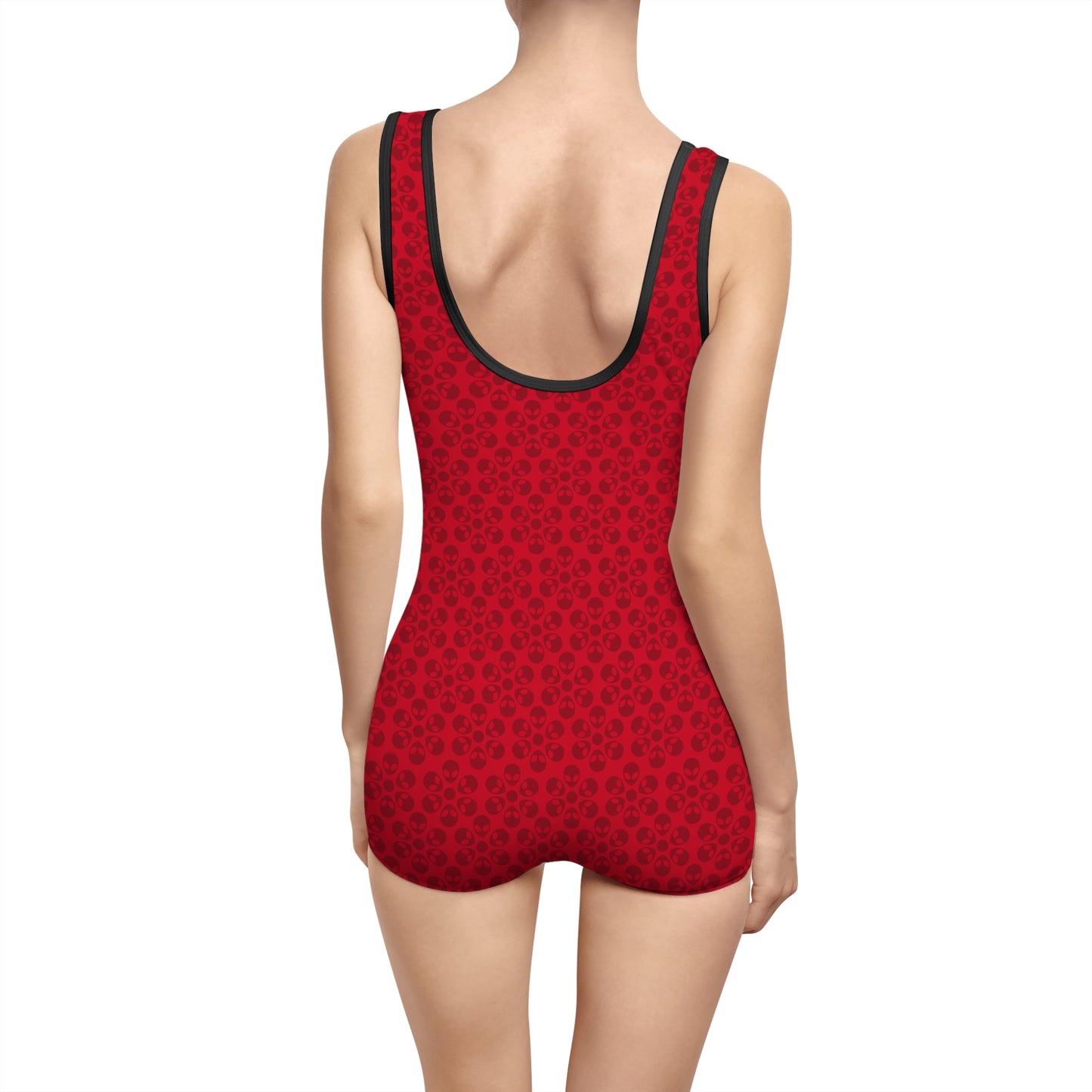 Womens Vintage Swimsuit  Alien Flowers Dark Red
