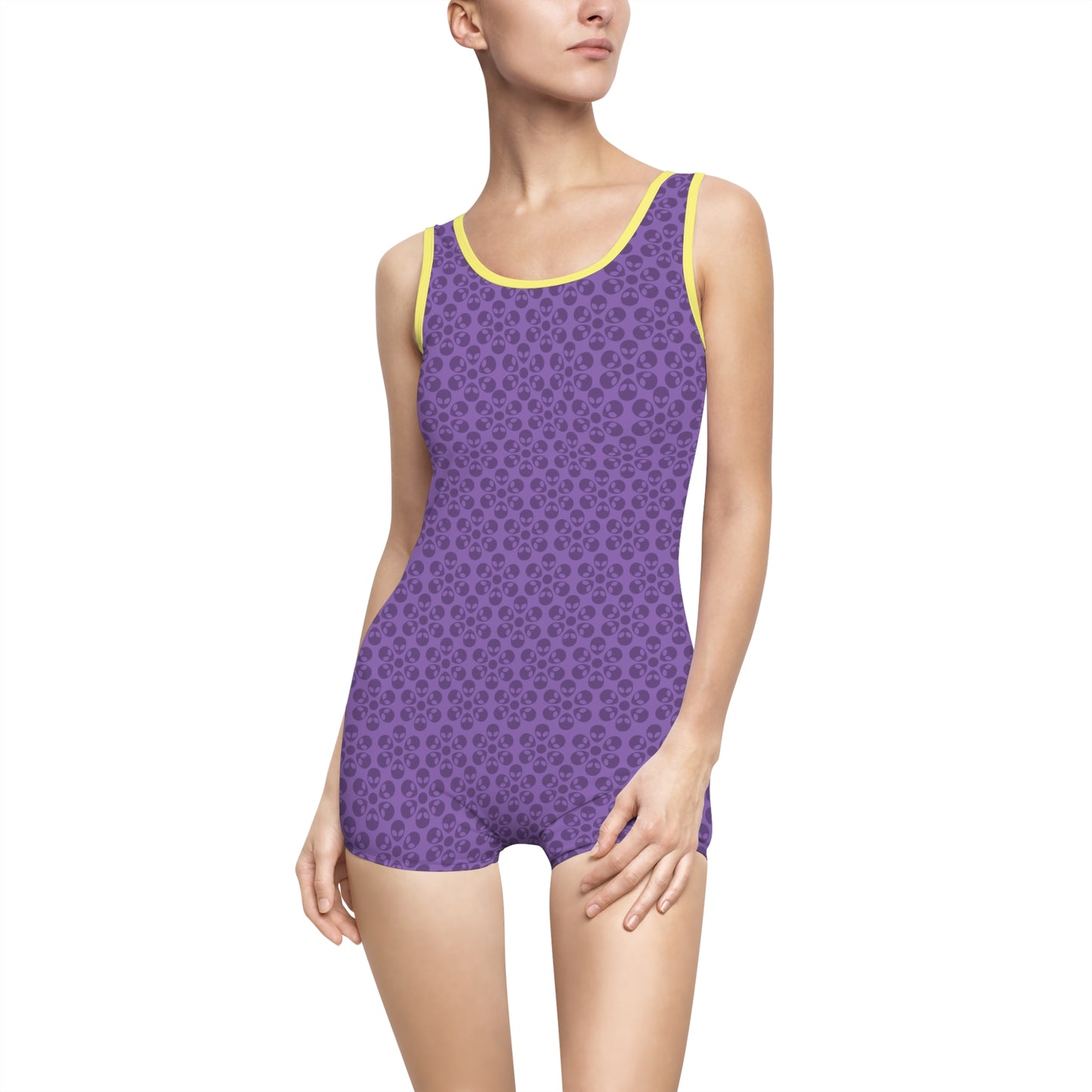 Womens Vintage Swimsuit  Alien Flowers Light Purple