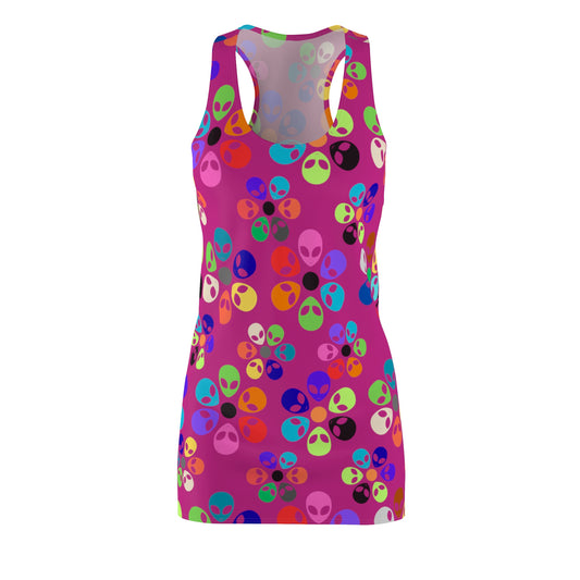 Alien Print Racerback Dress for Funloving Women Summer Party Dress Casual Wear Festival Outfit Unique Gift Idea Alien Rainbow Flowers Pink