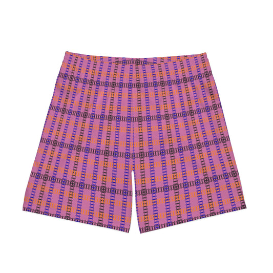 Mens Elastic Beach Shorts  Vibrant Plaid Print Casual Swimwear Summer Essentials Vacation Attire Poolside Fashion Beach Day  Train Tracks Light Pink