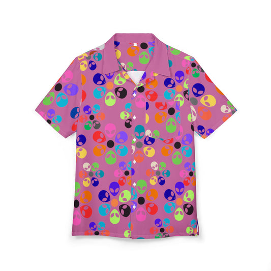 Vibrant Alien Print Hawaiian Shirt Unisex Summer ButtonUp Beachwear Vacation Outfit Festival Apparel Colorful Party Shirt Alien Rainbow Flowers Light Pink