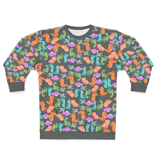 Colorful Dino Unisex Sweatshirt Ocean Vibe Apparel AOP Pullover for Beach Lovers Gift for Sea Life Enthusiasts Casual Cozy Wear Rainbow Dinos Dark Grey