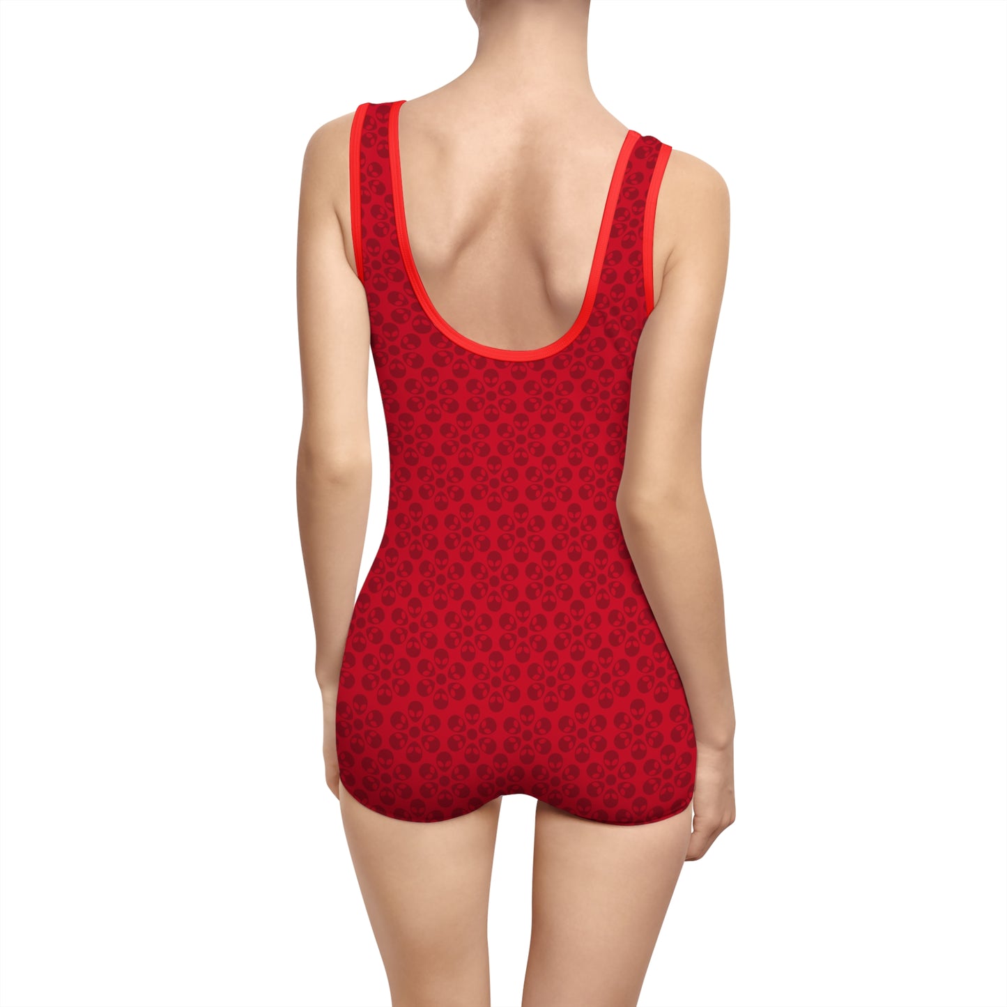 Womens Vintage Swimsuit  Alien Flowers Dark Red