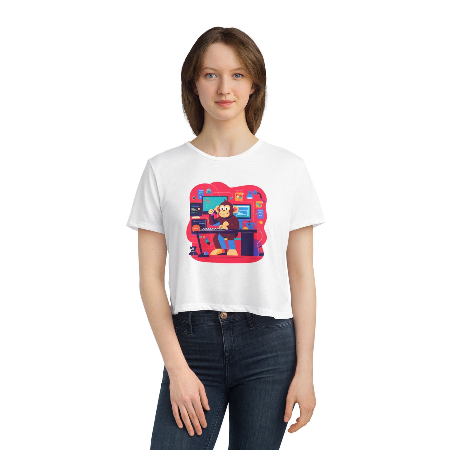 Retro Gamer Women's Flowy Cropped Tee, Cute Graphic Tee, Casual Wear, Gift for Gamers, Fun Summer Top, Kids Birthday Present