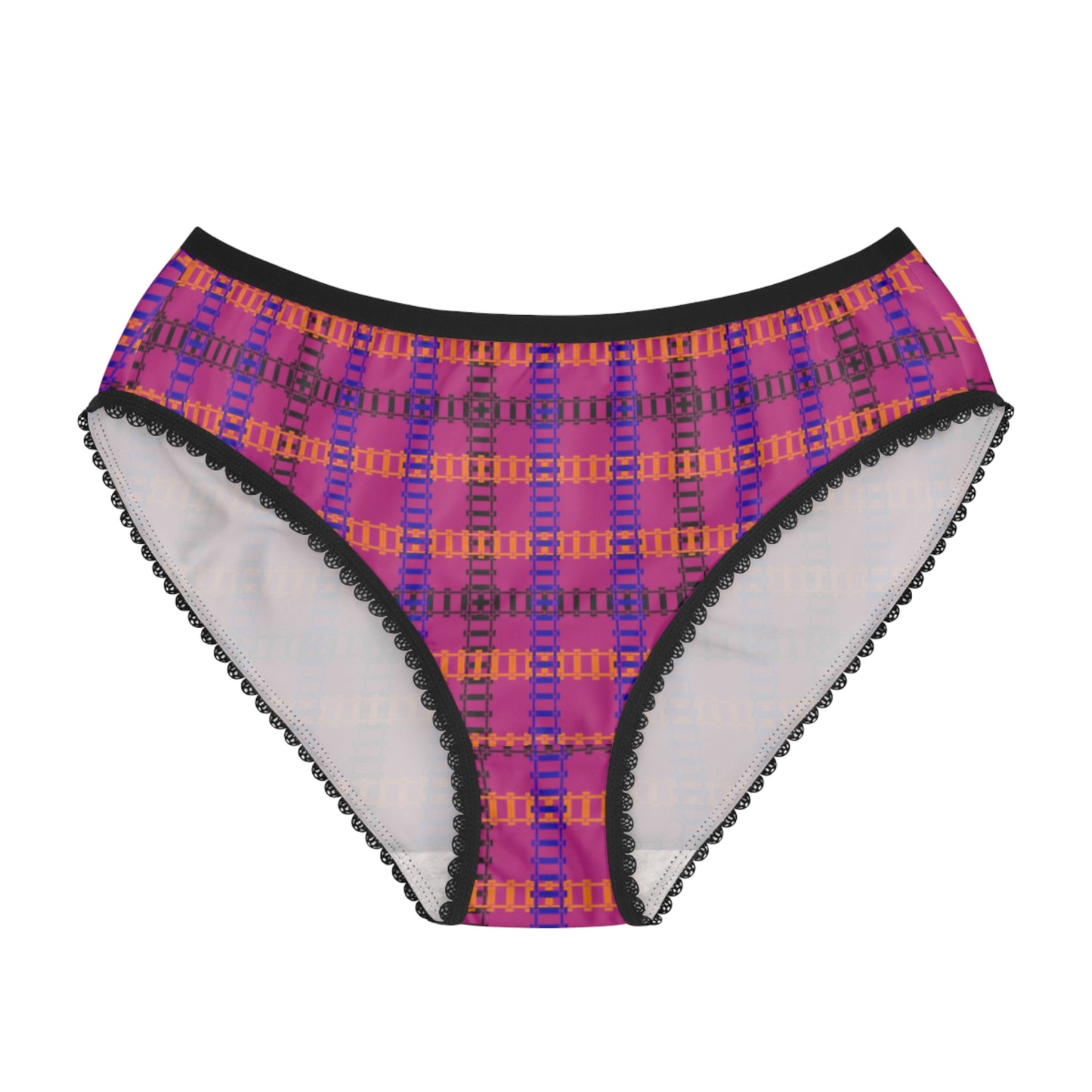 Colorful Patterned Womens Briefs with Lace Trim Comfortable Everyday Panties Unique Gifts for Her Fashionable Loungewear Fun and [...] Train Tracks Pink