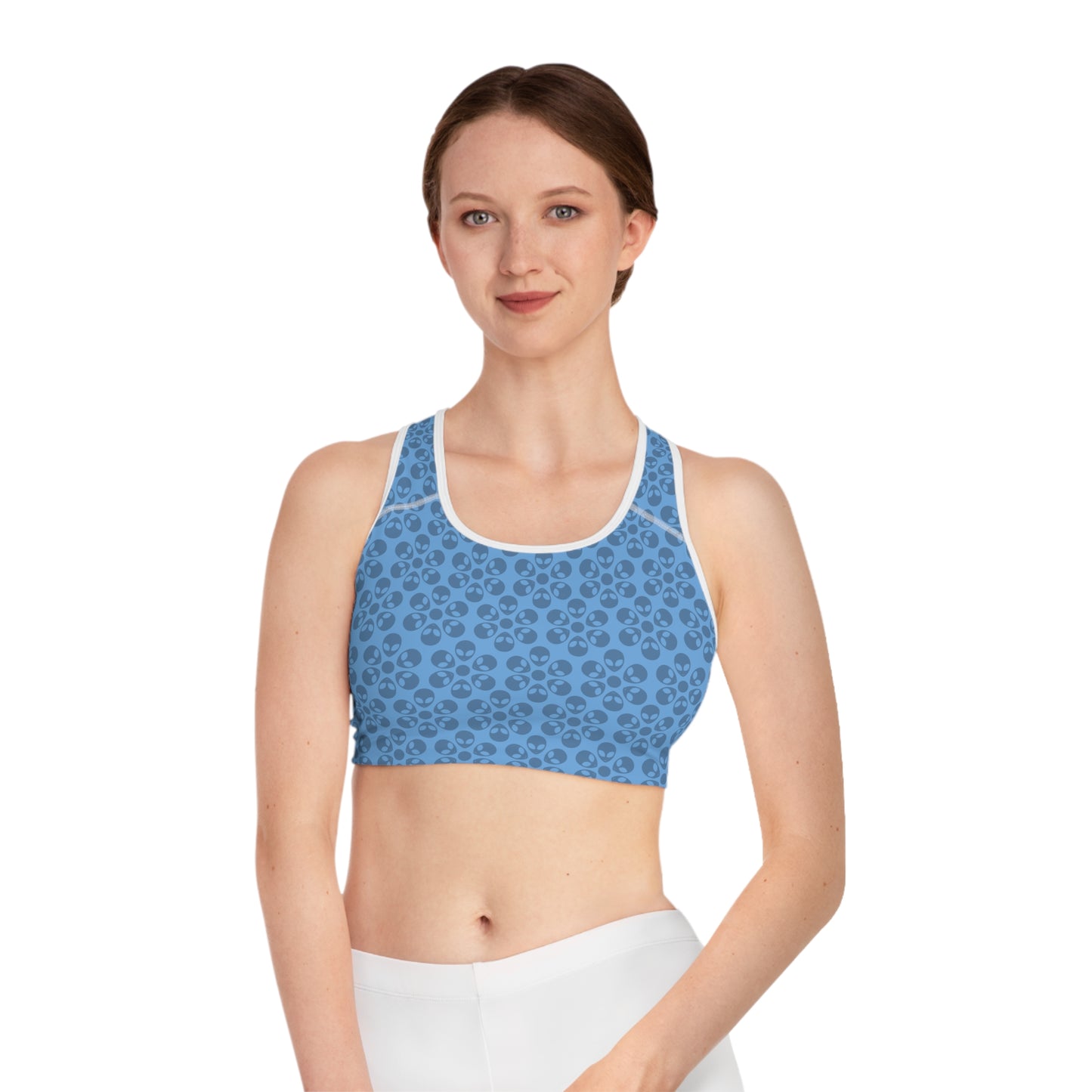 Trendy Floral Pattern Sports Bra Workout Bra for Women Fitness Gear Yoga Top Gym Wear Gift for Athletes Alien Flowers Light Blue