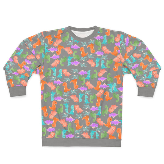 Colorful Dino Unisex Sweatshirt Ocean Vibe Apparel AOP Pullover for Beach Lovers Gift for Sea Life Enthusiasts Casual Cozy Wear Rainbow Dinos Grey