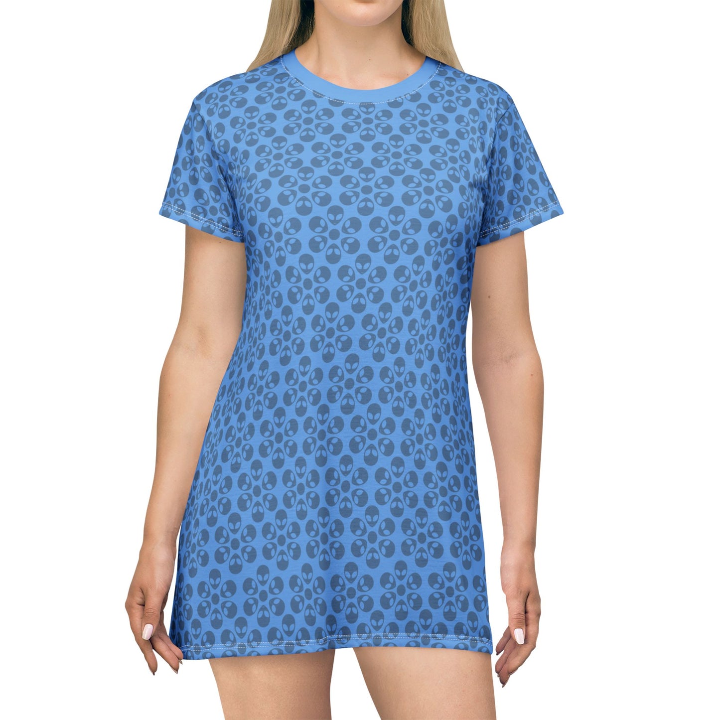 Floral Pattern TShirt Dress Casual Summer Dress Cute Dress for Women Floral Print Dress Trendy Everyday Wear Perfect for Beach Alien Flowers Light Blue