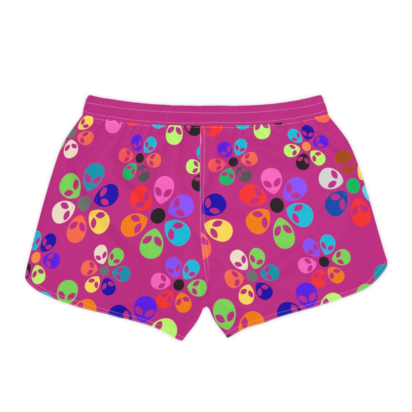 Colorful Alien Print Casual Shorts for Women | Fun Summer Activewear | Festival Fashion Beachwear Vacation Outfit Gift Idea Alien Rainbow Flowers Pink