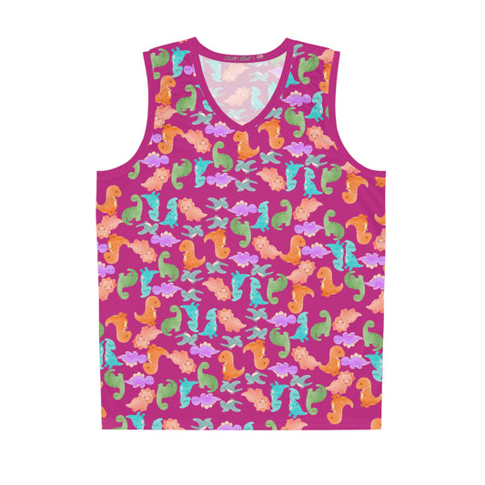 DinoInspired Basketball Jersey Vibrant Sport Tank Fun Summer Apparel Beach Style Gear Youth and Adult Sizes Unique Gift for Players Rainbow Dinos Pink