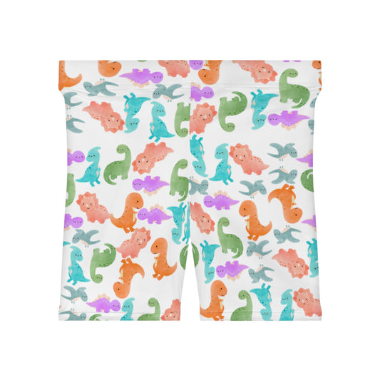 Colorful Dinosaur Womens Biker Shorts  AOP Perfect for Casual Wear workout Summer Birthdays Playdates Unique Gift Rainbow Dinos White