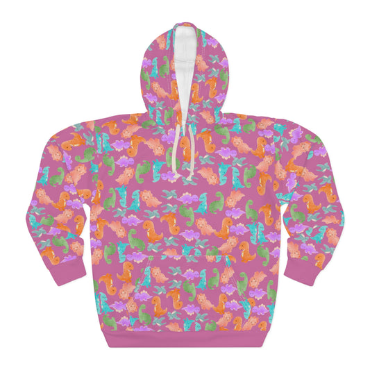 Colorful Dino Unisex Pullover Hoodie Cozy Beach Vibe Sweatshirt Gift for Ocean Lovers Fun Casual Wear Homewear Rainbow Dinos Light Pink